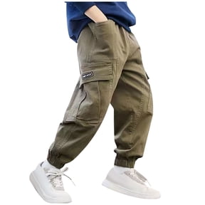QQAMB Cargo Pants for Teen Boys Cotton Casual Elastic Waist Baggy Straight Leg Guard Pants Workout Joggers with Pockets,9 Years