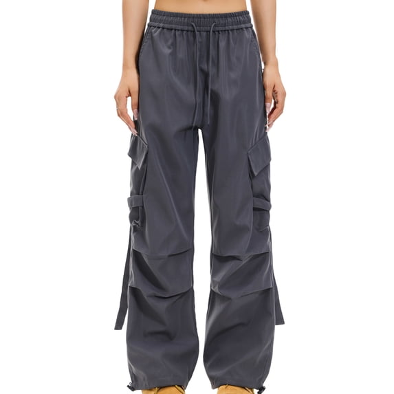 QQAMB Cargo Pants for Women Elastic Waist Solid Color Drawstring Parachute Pants with Pockets Dark Gray 2XL