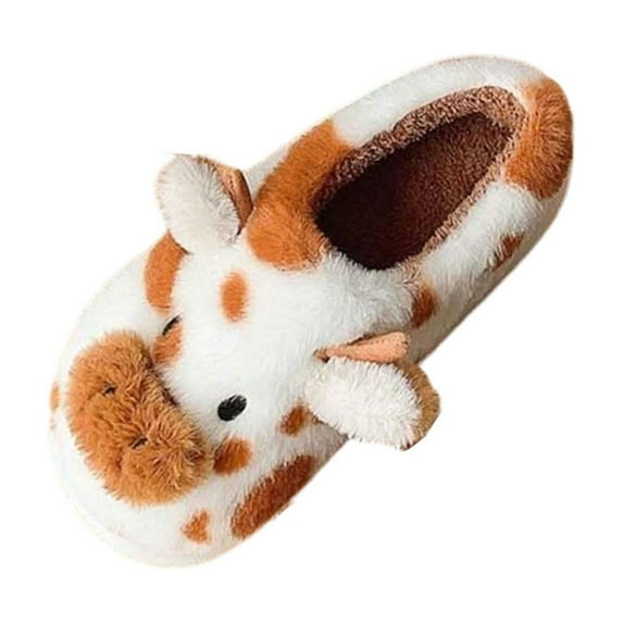 QQAMB Cartoon Cow Cotton Slippers,Cute Cozy Fuzzy Animal Slippers For Women Men,Winter Warm Plush Comfy Indoor Outdoor Slippers