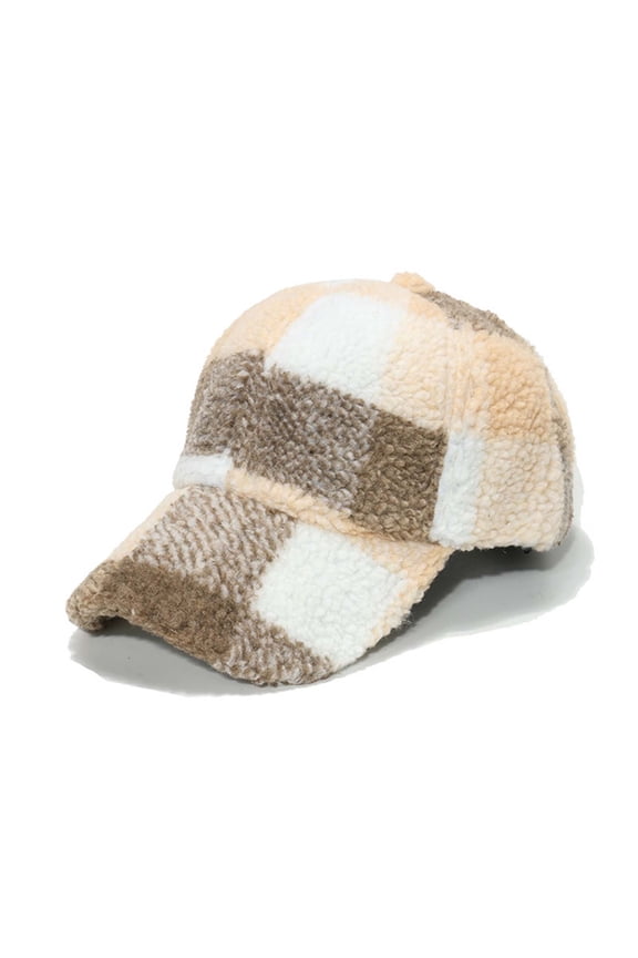 Check Baseball Cap Faux Lamb Wool Teddy Winter Warm Fleece Adjustable Outdoor Cap