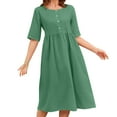 thumbnail image 1 of QQAMB Cotton Linen Dress for Women Plus Size Button Crewneck Summer Short Sleeve Ruffle Hem Dresses Flowy Swing Mini Dress Green 5XL, 1 of 7