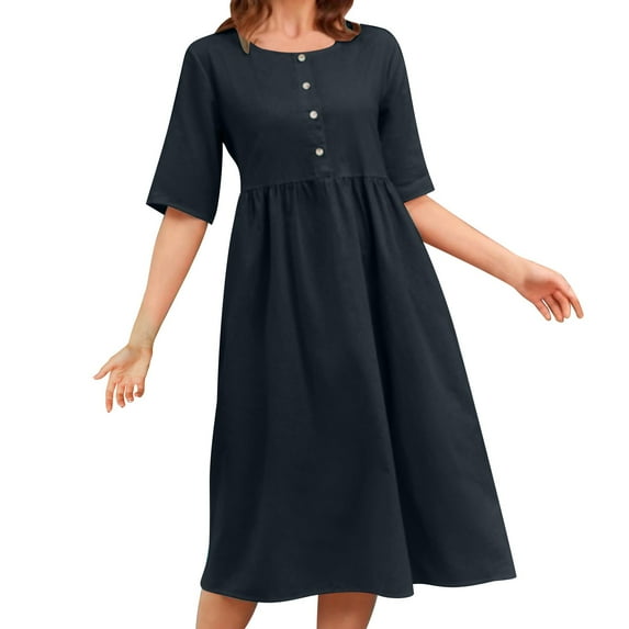 QQAMB Cotton Linen Dress for Women Plus Size Button Crewneck Summer Short Sleeve Ruffle Hem Dresses Flowy Swing Mini Dress Navy 3XL