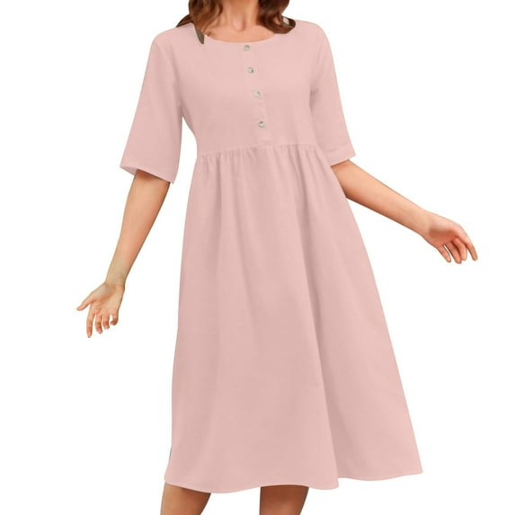 QQAMB Cotton Linen Dress for Women Plus Size Button Crewneck Summer Short Sleeve Ruffle Hem Dresses Flowy Swing Mini Dress Pink M