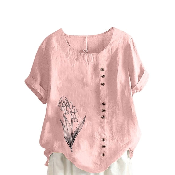 QQAMB Cotton Linen Shirts for Women Summer Beach Short Sleeve Casual Loose Comfy Blouses Tunic Tops Pink L