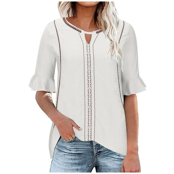 QQAMB Cotton Linen Tops Women Puff Short Sleeve Crewneck Hollow Out Button Tees Shirts Embroidered Blouses White M