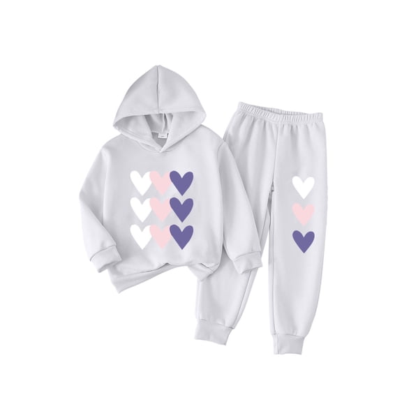 QQAMB Cute Toddler Girls Sweatsuit - Casual Heart Print Kids Fall Clothes Set Hoodie Sweatshirt Pants Spring Outfits