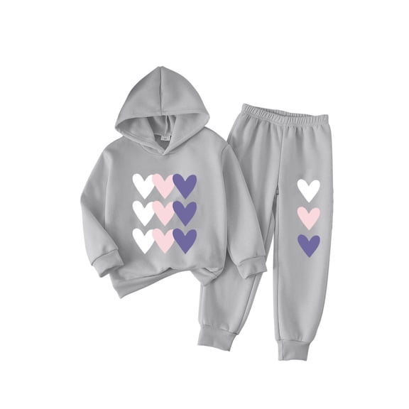 QQAMB Cute Toddler Girls Sweatsuit - Casual Heart Print Kids Fall Clothes Set Hoodie Sweatshirt Pants Spring Outfits