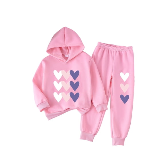 QQAMB Cute Toddler Girls Sweatsuit - Casual Heart Print Kids Fall Clothes Set Hoodie Sweatshirt Pants Spring Outfits