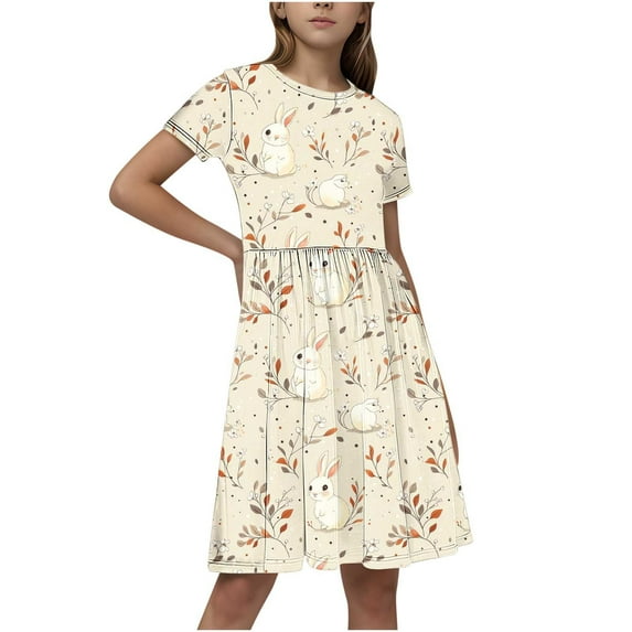 QQAMB Dresses for Girls Cute Easter Crewneck Patchwork Short Sleeve Spring Summer Trendy Dresses