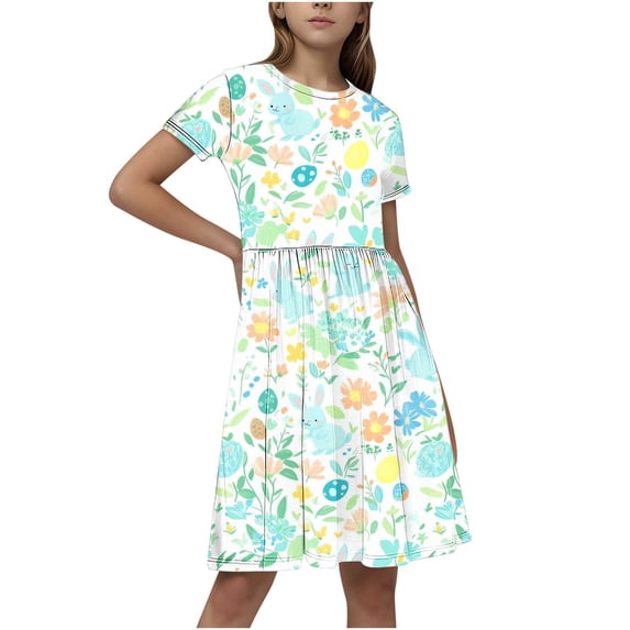 QQAMB Dresses for Girls Cute Easter Crewneck Patchwork Short Sleeve Spring Summer Trendy Dresses