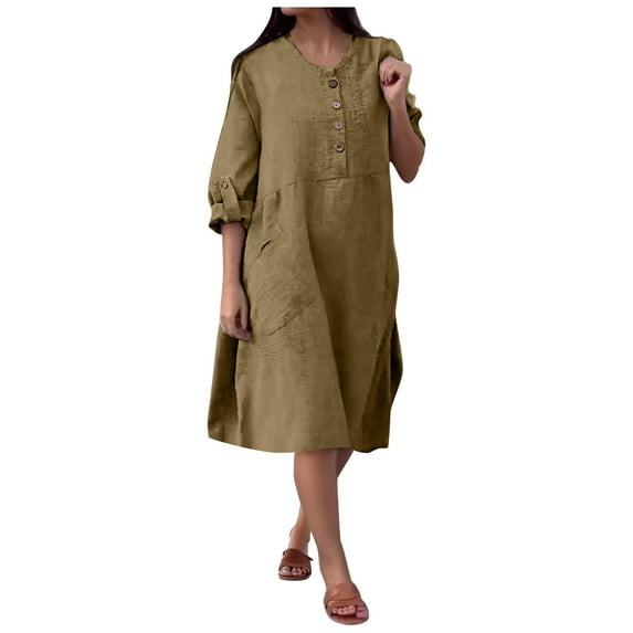 QQAMB Dresses for Women Cotton Linen Crewneck Solid Color Button Long Sleeve Loose Thin Fall Trendy Plus Size Maxi Dresses Brown 3XL