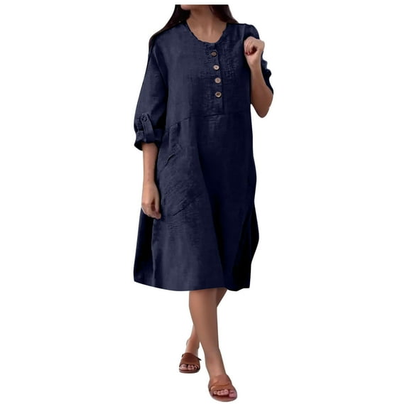 QQAMB Dresses for Women Cotton Linen Crewneck Solid Color Button Long Sleeve Loose Thin Fall Trendy Plus Size Maxi Dresses Navy 5XL