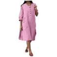 thumbnail image 1 of QQAMB Dresses for Women Cotton Linen Crewneck Solid Color Button Long Sleeve Loose Thin Fall Trendy Plus Size Maxi Dresses Pink M, 1 of 7