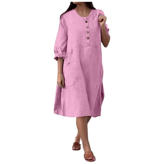 QQAMB Dresses for Women Cotton Linen Crewneck Solid Color Button Long Sleeve Loose Thin Fall Trendy Plus Size Maxi Dresses Pink M