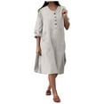 thumbnail image 1 of QQAMB Dresses for Women Cotton Linen Crewneck Solid Color Button Long Sleeve Loose Thin Fall Trendy Plus Size Maxi Dresses White L, 1 of 7