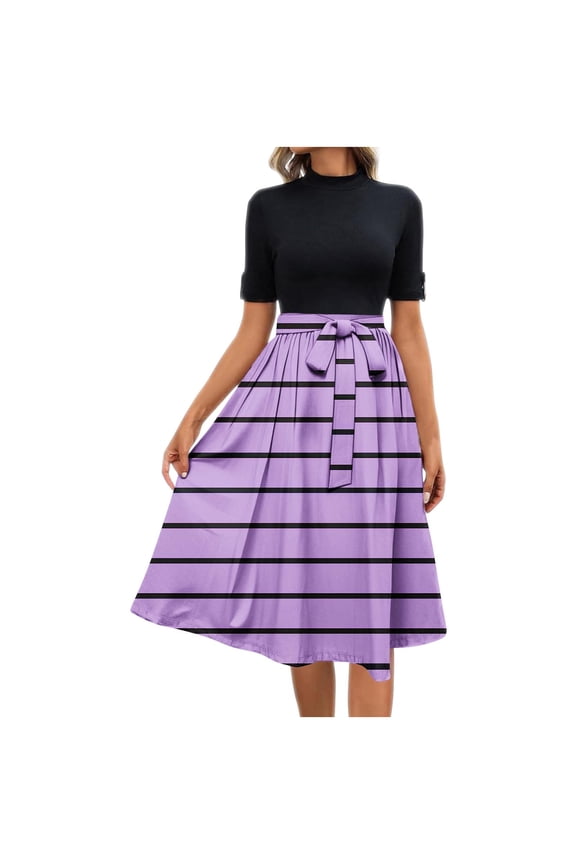 Dresses for Women Floral Flowy Strip Printed Short Sleeve Empire Waist Summer Crewneck Midi Length Belted Sundresses Purple M