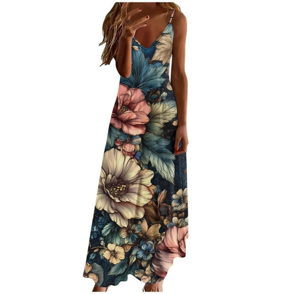 QQAMB Dresses for Women Floral Spaghetti Strap Sundress Casual Summer Maxi Dress V-Neck Boho Dresses Trendy Beach Outfits Beige 3XL