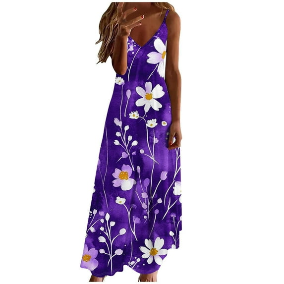 QQAMB Dresses for Women Floral Spaghetti Strap Sundress Casual Summer Maxi Dress V-Neck Boho Dresses Trendy Beach Outfits Purple L