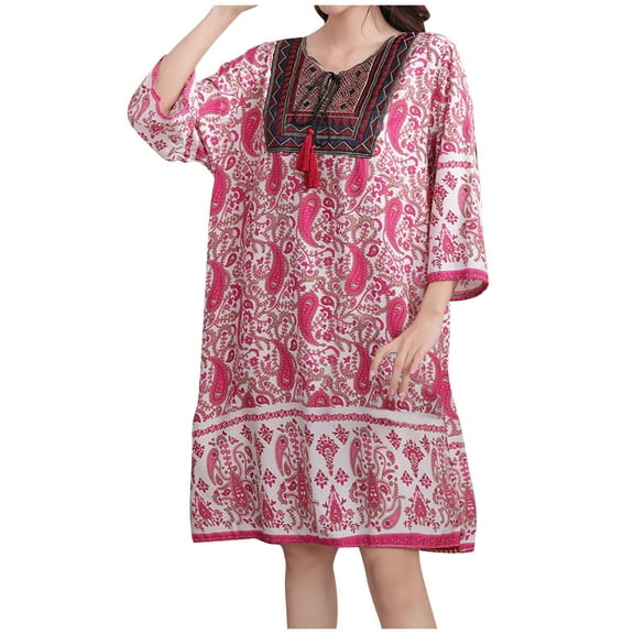 QQAMB Dresses for Women Half Sleeve Ancient Ethnic Style Casual Printed Loose A-Line Comfy Summer Mini Dresses Hot Pink Free Size