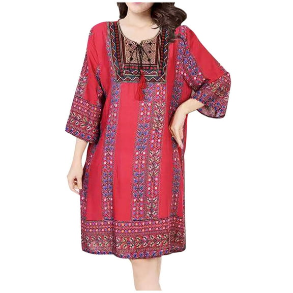 QQAMB Dresses for Women Half Sleeve Ancient Ethnic Style Casual Printed Loose A-Line Comfy Summer Mini Dresses Red Free Size