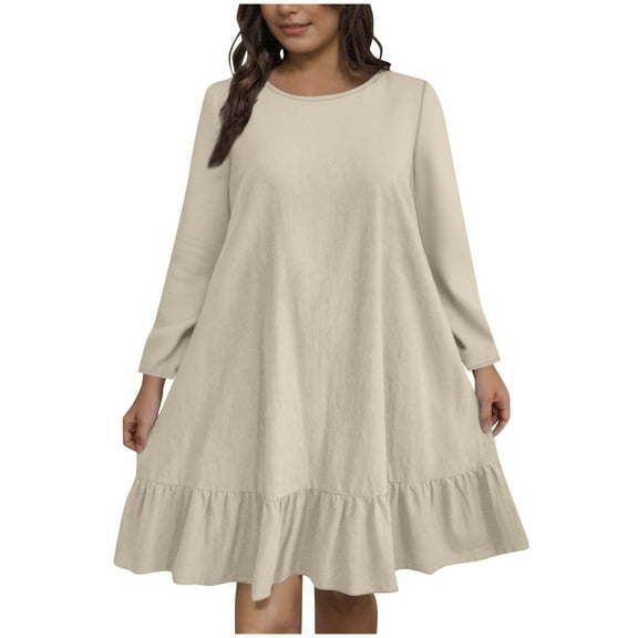 QQAMB Dresses for Women Plus Size Crewneck Solid Color Long Sleeve Pleated Thin Casual Loose Swing Dresses Beige 2XL
