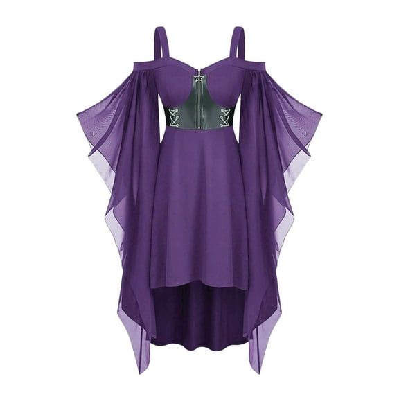 QQAMB Dresses for Women Plus Size Punk Cold Shoulder Flare Sleeves Elastic Waisted Medieval Lace Gothic Dress Purple M