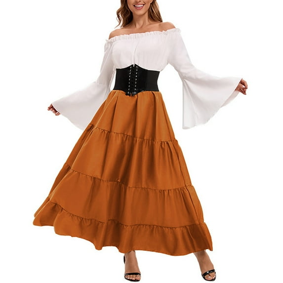 QQAMB Dresses for Women Renaissance Medieval Off The Shoulder Bell Sleeve Dresses with Corset Fairy Halloween Dresses Orange XL