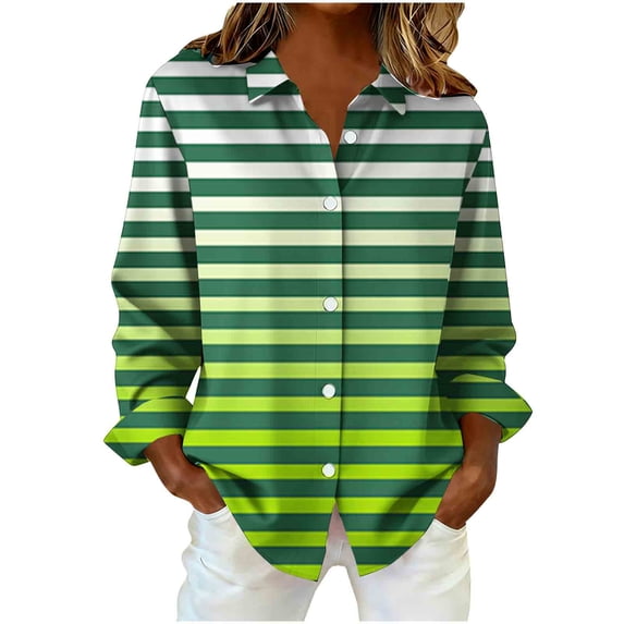 QQAMB Dressy Gradient Lapel Blouse for Women Plus Size Long Sleeve Button Down Shirts Loose Business Casual Striped Tunic Tops