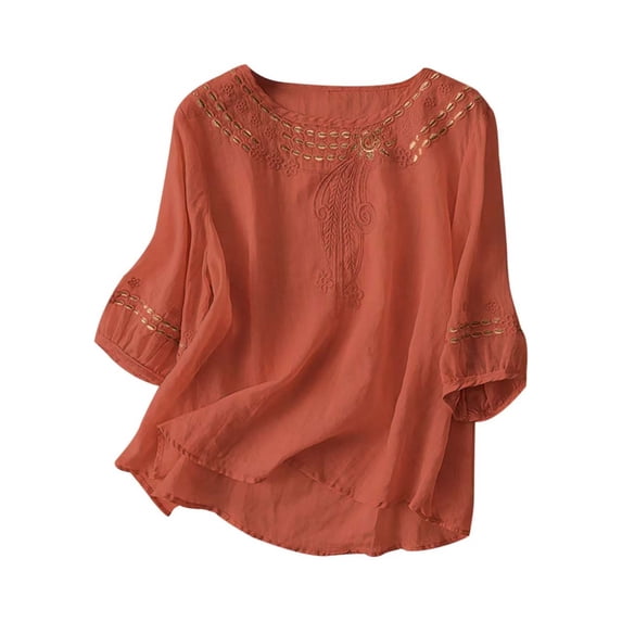QQAMB Embroidered Cotton Linen Tops for Women 3/4 Sleeve Summer Boho Peasant Gauze Blouses Casual Bohemian Shirts Orange XL
