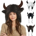 thumbnail image 1 of QQAMB Faux Fur Trooper Hat for Women Men Furry Buffalo Hat with Horns Furry Earmuff Winter Trooper Hats Fluffy Earflap Hat, 1 of 6