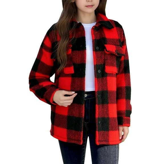 QQAMB Flannel Shirt for Girls Plaid Jackets Coat Long Sleeve Oversized Shacket Trendy Causal Fall Winter Clothes