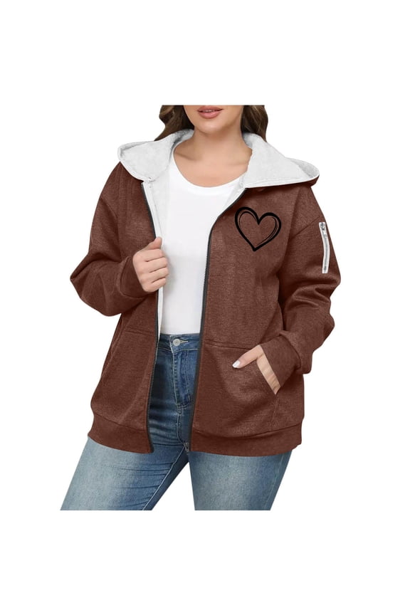 Fleece Jackets For Women Plus Size Zip Up Sherpa Lined Hoodie Heart Graphic Casual Hooded Sweatshirt Warm Thick Winter Coats Brown XL