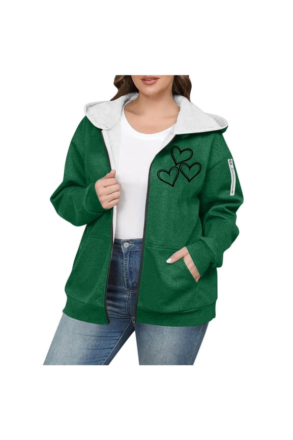 Fleece Jackets For Women Plus Size Zip Up Sherpa Lined Hoodie Heart Graphic Casual Hooded Sweatshirt Warm Thick Winter Coats Green 4XL