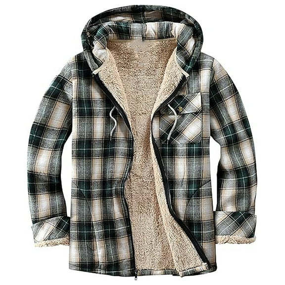 QQAMB Fleece Lined Plaid Jacket Women Lightweight Casual Jacket Plaid Shacket Jackets Zipper Fleece Hooded Jackets Warm Coat Green 2XL