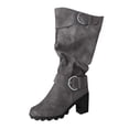 thumbnail image 1 of QQAMB Flock Boots for Women Winter Chunky High Heel Side Zip Boot Round Toe Shoes Mid Calf Boots with Buckle, 1 of 8