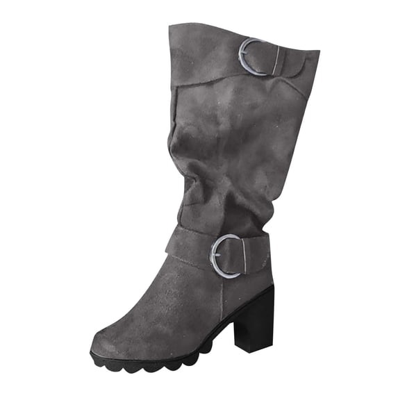 QQAMB Flock Boots for Women Winter Chunky High Heel Side Zip Boot Round Toe Shoes Mid Calf Boots with Buckle