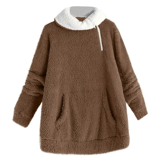QQAMB Fuzzy Sherpa Pullover for Women High Neck 1/4 Zip Sweaters Comfortable Plush Warm Winter Tunic Tops with Pocket