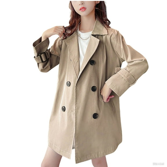 QQAMB Girl's Trench Coat British Style Kids Double Breasted Overcoat Lapel Collar Long Jacket Mid Length Trendy Winter