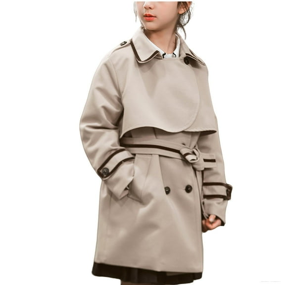 QQAMB Girl's Trench Coat British Style Kids Double Breasted Overcoat Lapel Collar Long Jacket Mid Length Trendy Winter