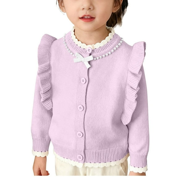 QQAMB Girls Cardigan Sweater Button Down Crewneck Cute Ruffle Long Sleeve with Pockets Solid Color Knit Tops