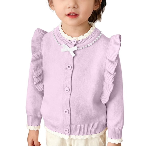 QQAMB Girls Cardigan Sweater Button Down Crewneck Cute Ruffle Long Sleeve with Pockets Solid Color Knit Tops