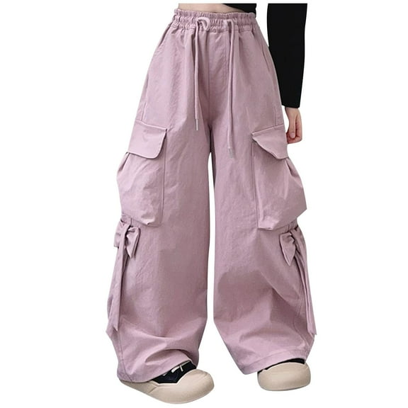QQAMB Girls Cargo Pants Cotton High Waist Drawstring Cinch Bottom Trousers Trendy Baggy Streetwear Pant with Pockets,15 Years