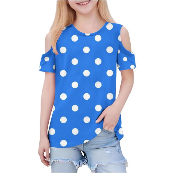QQAMB Girls Casual Shirt, Short Sleeve T-Shirts Off Shoulder Tops Cotton Tees Summer Tshirts for Kids 3-12 Years