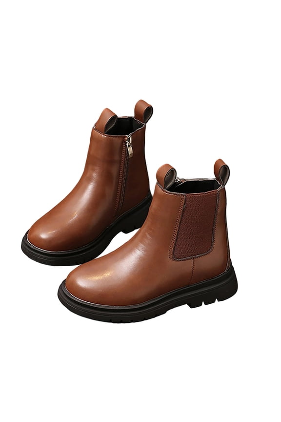 Girls Chelsea Boot Stretchy Low Heel Slip On Ankle Booties PU Faux Leather Short Boot Easy On Winter Snow Shoes