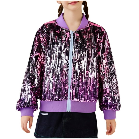 QQAMB Girls' Coat Ombre Sequin Bomber Jacket with Pockets Lightweight Sparkle Long Sleeve Zipper Gradient Jackets for Kid