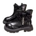 thumbnail image 1 of QQAMB Girls' Crew Toe Boots Bowknot Elegant Pearl Trim Side Zip Booties Pure Color PU Leather Non Slip Short Boot School Walk, 1 of 8