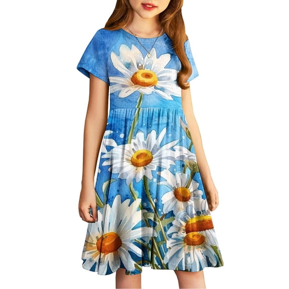 QQAMB Girls Dresses Floral Printed Cute Summer Short Sleeve A-Line Princess Swing Casual Skater Dresses for Kids