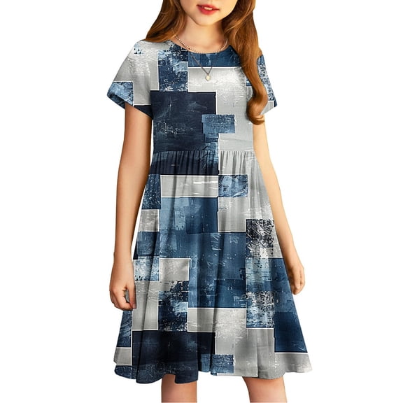 QQAMB Girls Dresses Floral Printed Cute Summer Short Sleeve A-Line Princess Swing Casual Skater Dresses for Kids