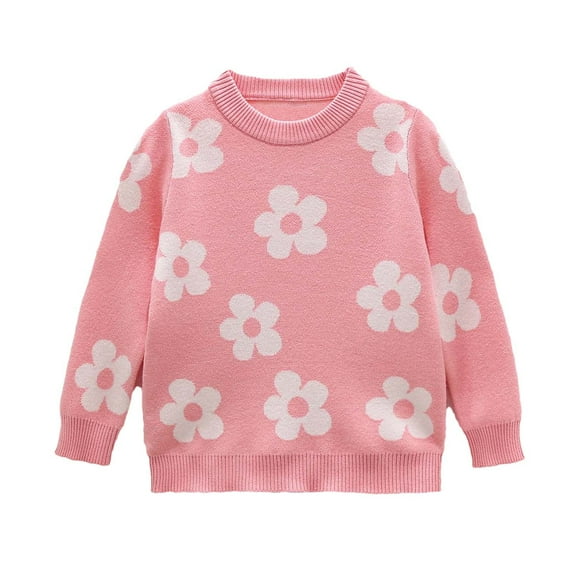 QQAMB Girls Fall Sweaters Flower Pattern Casual Crewneck Long Sleeve Knit Pullover Tops for Kids,2 Years