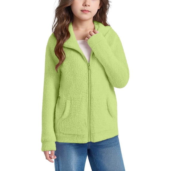 QQAMB Girls Fleece Zip Up Hoodies Fuzzy Sherpa Jacket Winter Warm Long Sleeve Coats Kids Fall Winter Outwear Coat,7 Years